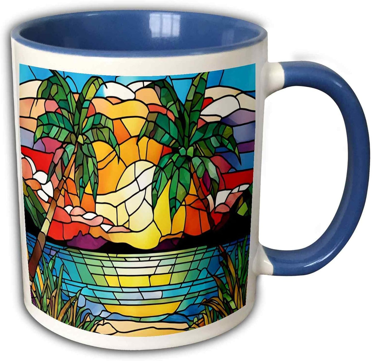 Sunset With Palms Over Water In Stained Glass Ceramic Mug
