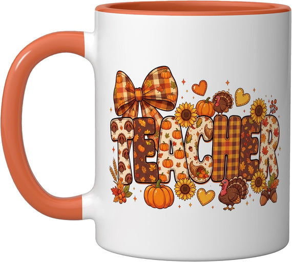 Thanksgiving Teacher Pumpkin Turkey Fall Plaid Coquette Ceramic Mug