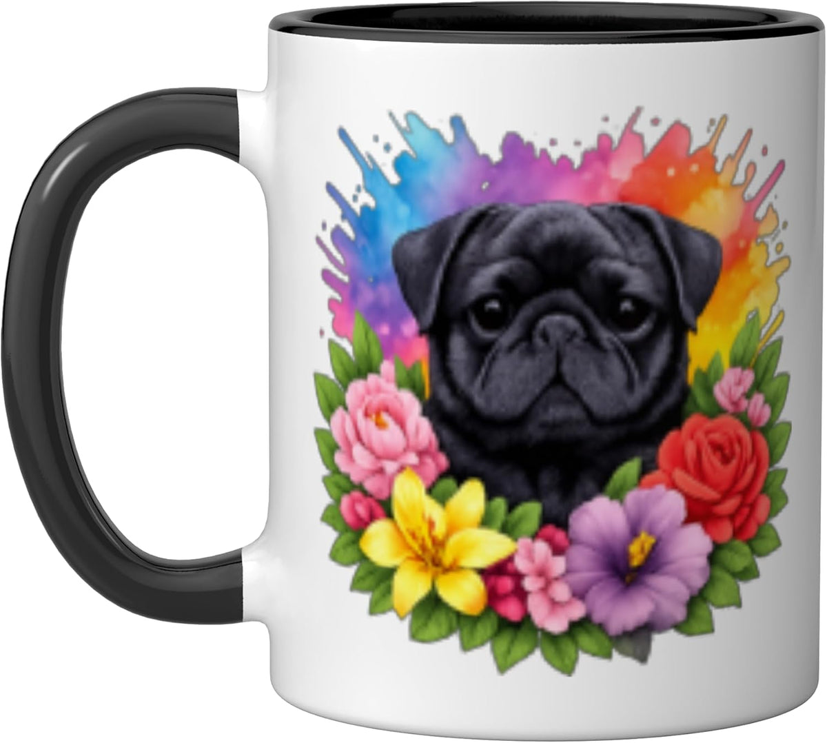 Colorful Black Pug Flower Portrait Ceramic Mug