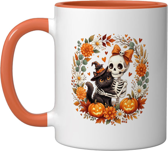 Skeleton Holding Cat Halloween Costume Spooky Season Ceramic Mug