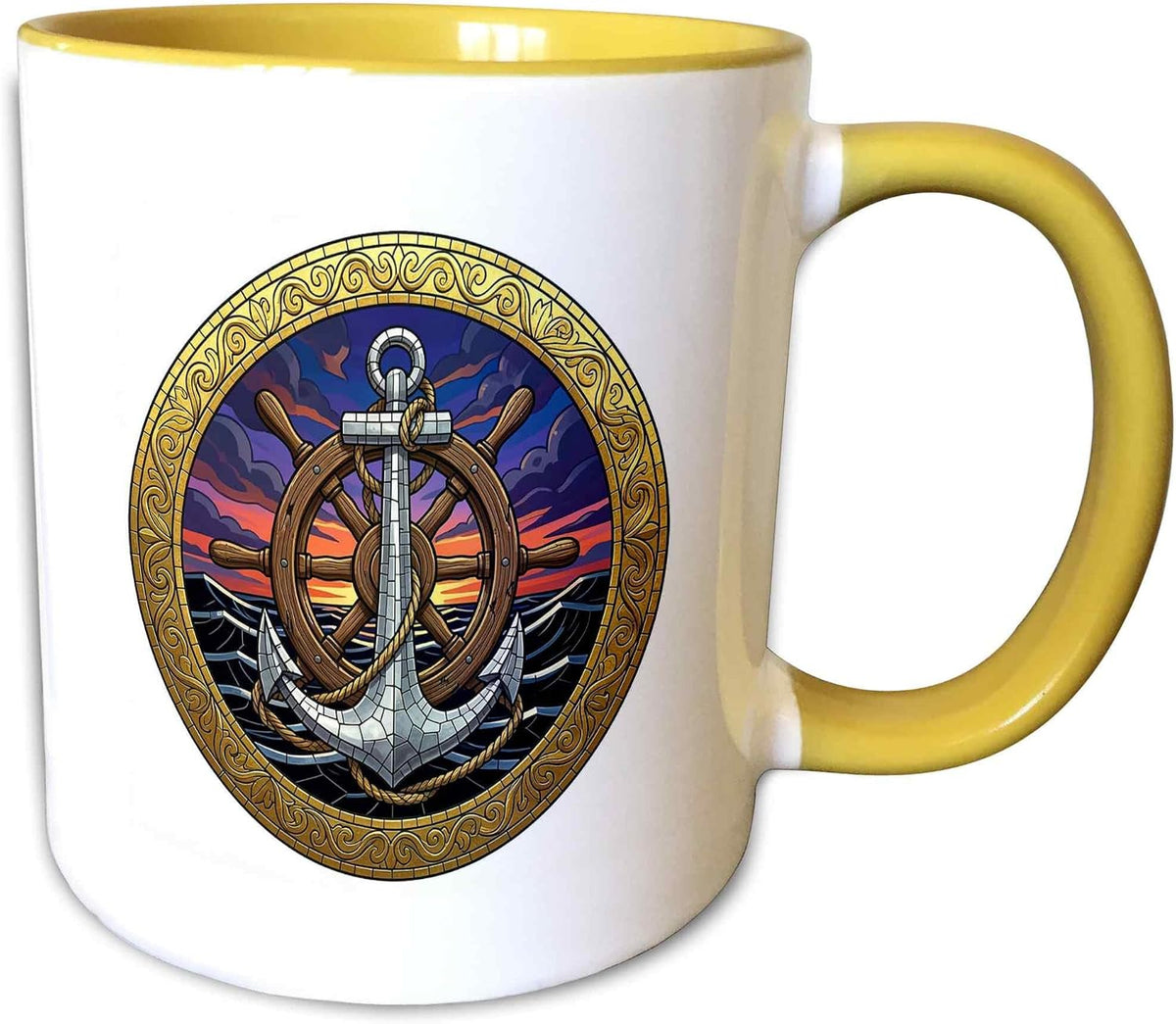 Steering Wheel & Anchor, Festive Round Ceramic Mug