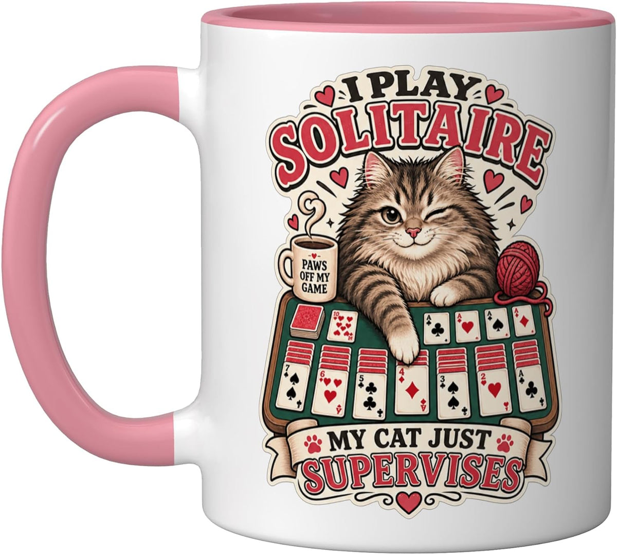 Play Solitaire Cat Supervisor Card Playing Funny Card Game Ceramic Mug