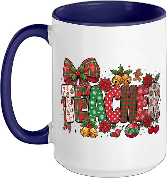 Christmas Teacher Holiday Plaid Coquette Bow Dark Ceramic Mug
