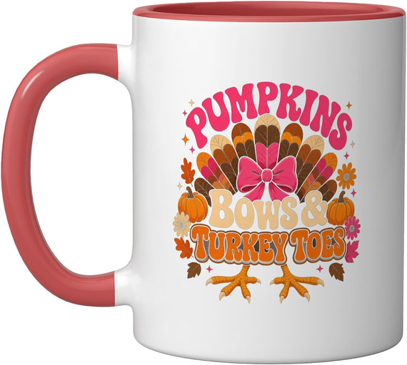 Pumpkins Bows Turkey Toes Pink Bow Thanksgiving Ceramic Mug