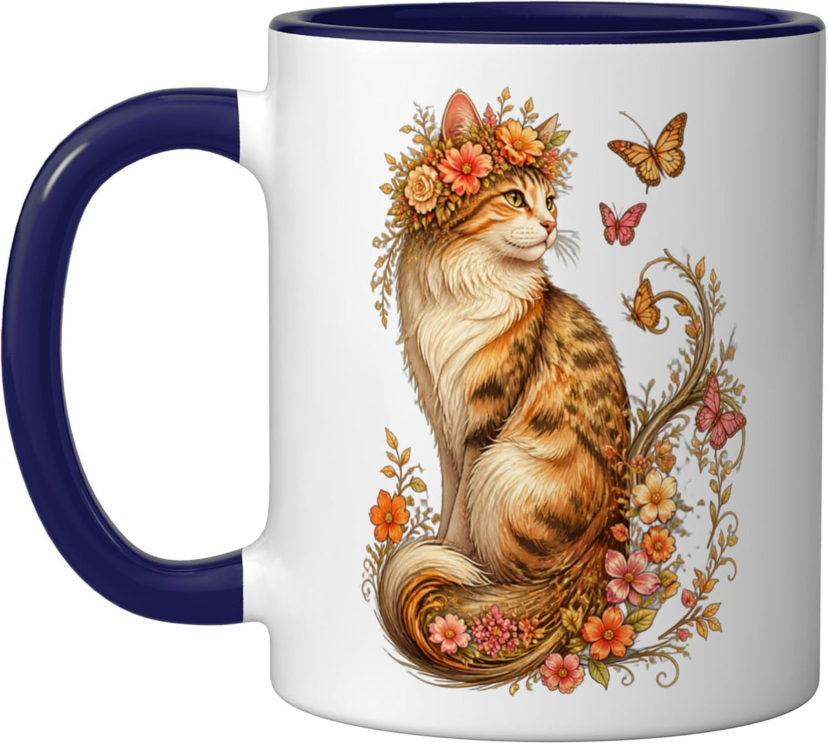 Elegant Cat Flower Crown Butterflies Floral Art Ceramic Mug