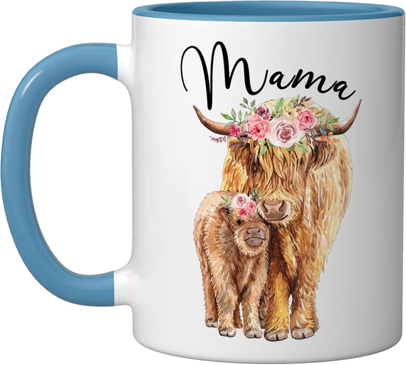 Mama Highland Cow With Baby Calf Floral Mothers Day Mom Ceramic Mug
