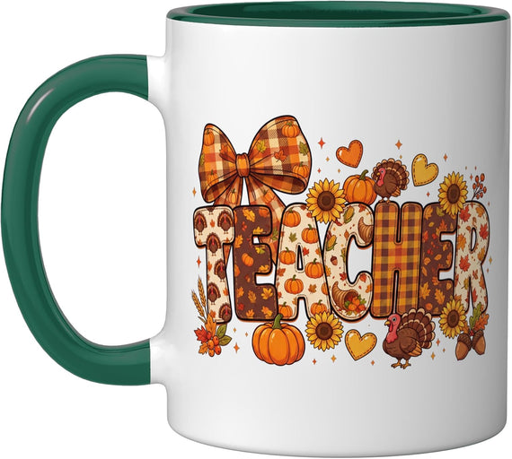 Thanksgiving Teacher Plaid Bow Pumpkin Fall Coquette Ceramic Mug