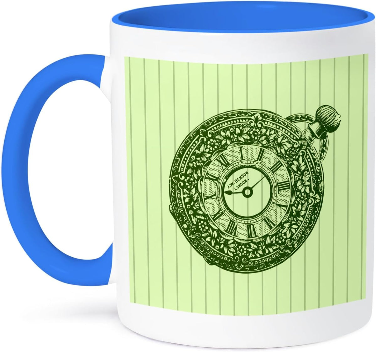 Vintage Engraved Pocket Watch On Green Stripe Ceramic Mug