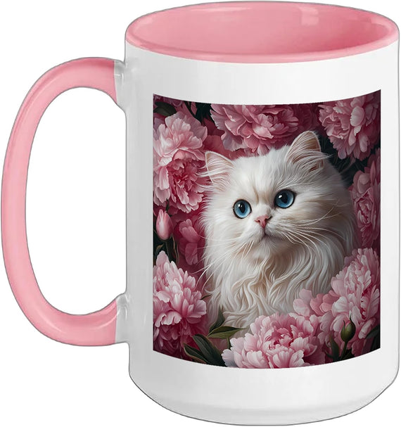 Elegant White Persian Cat In Peony Flowers Ceramic Mug