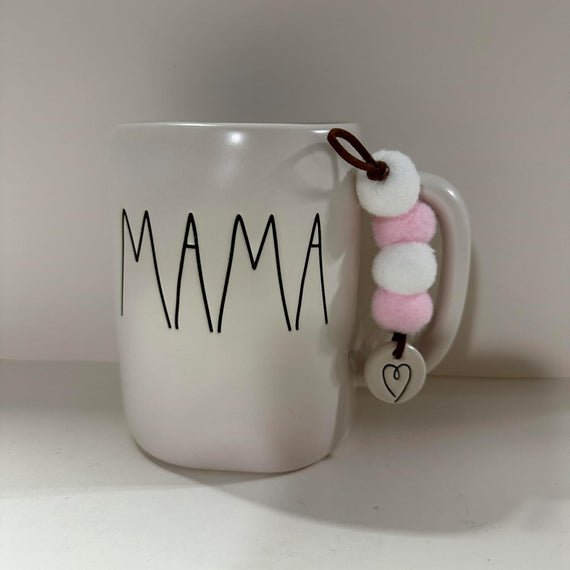 Rae MAMA Pink White with Pom-Pom Cozy Farmhouse Ceramic Mug