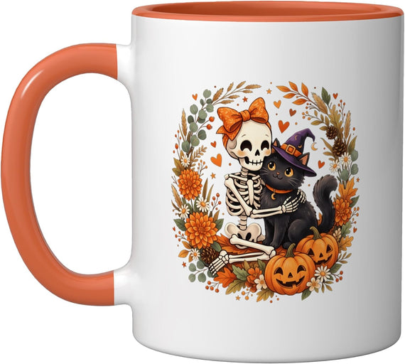 Skeleton Holding Cat Halloween Costume Spooky Season Ceramic Mug
