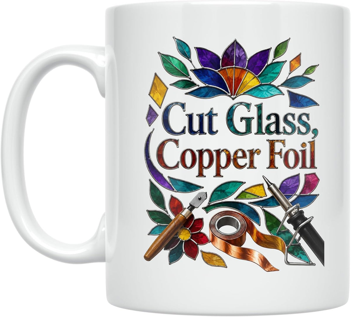 Stained Glass Mug - Cut Glass, Copper Foil Design - Ceramic Mug