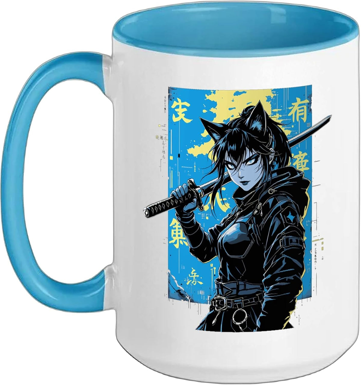 Anime Cat Girl Katana Dark Aesthetic Cyberpunk Art Ceramic Mug