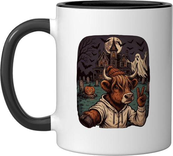 Halloween Highland Cow Selfie Haunted Graveyard Ceramic Mug