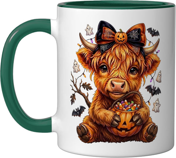 Funny Cute Halloween Highland Cow Spooky Pumpkin Candy Art Ceramic Mug