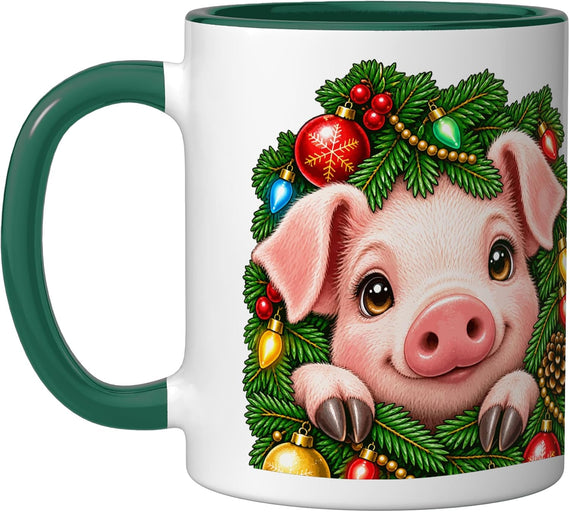 Cute Pig Peeking With Christmas Lights Festive Farm Animal Ceramic Mug
