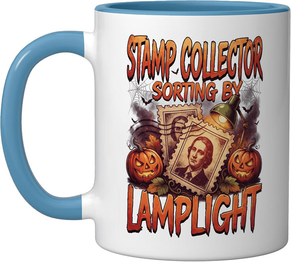Stamp Collector Sorting Lamplight Halloween Collecting Ceramic Mug