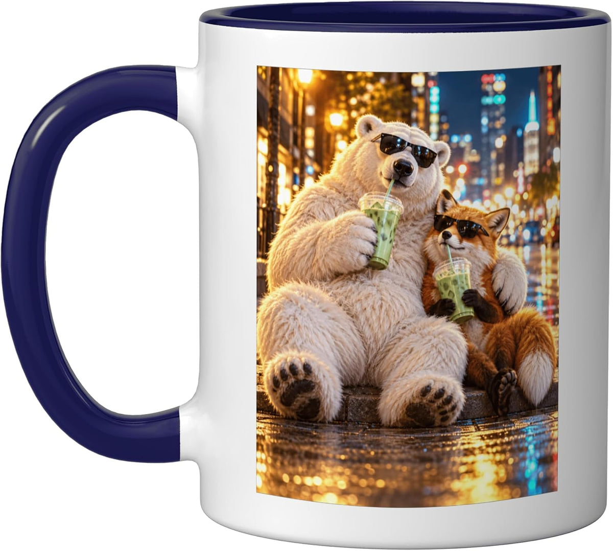 Night City Cool Polar Bear & Fox Matcha Latte Friends Ceramic Mug