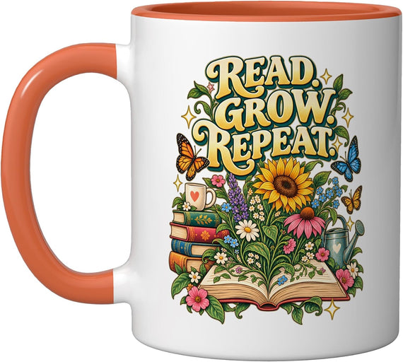 Read. Grow. Repeat. Floral Book Design For Reading Lovers Ceramic Mug
