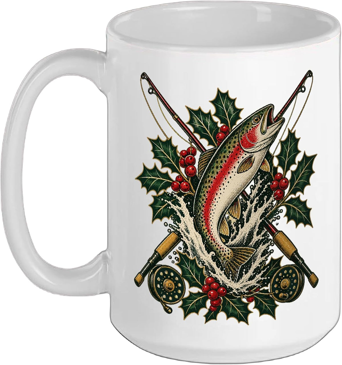 Christmas Trout Fishing Retro Angler White Ceramic Mug