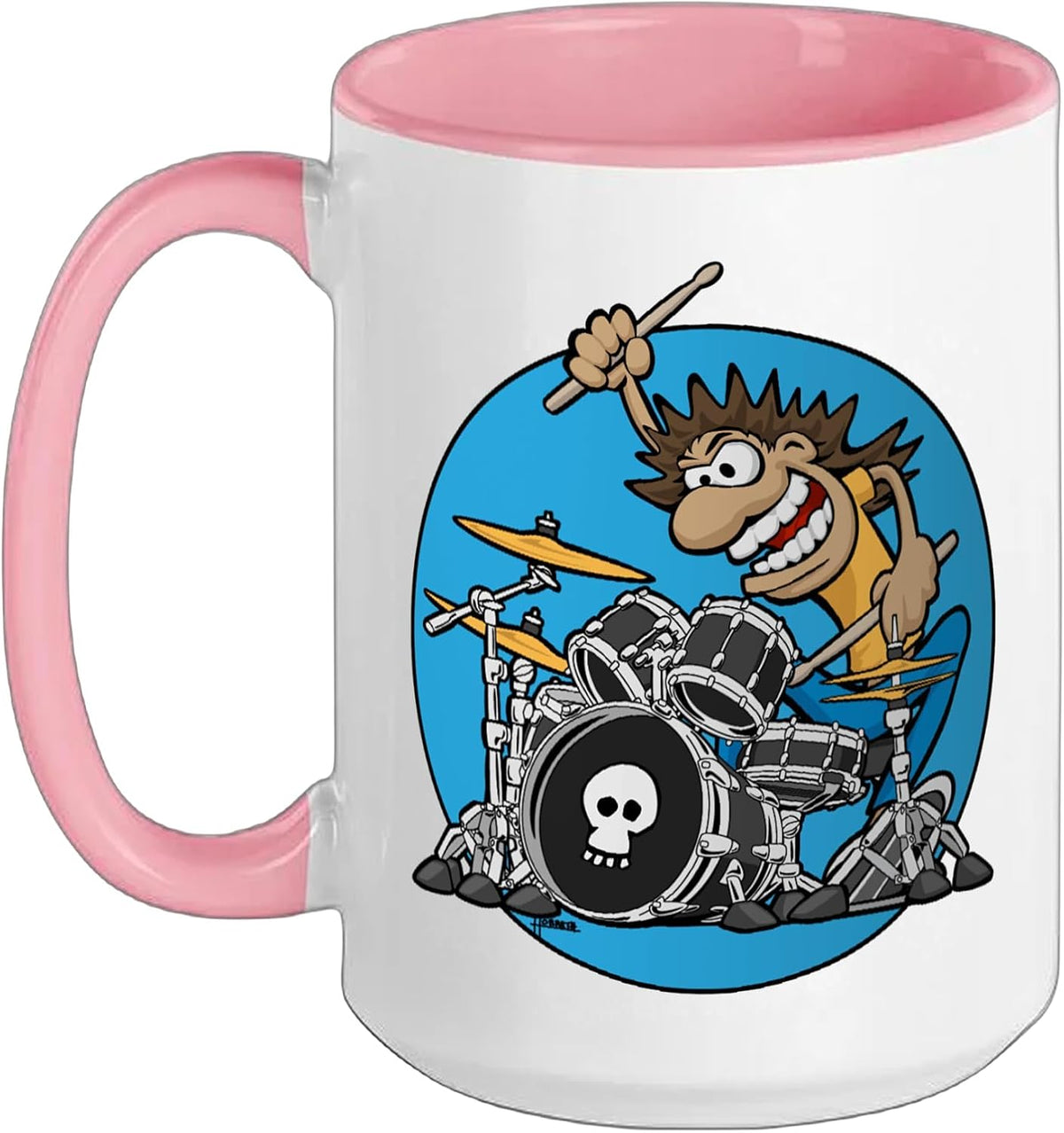 Funny Wild Drummer Drumming On Drum Kit Cartoon Ceramic Mug