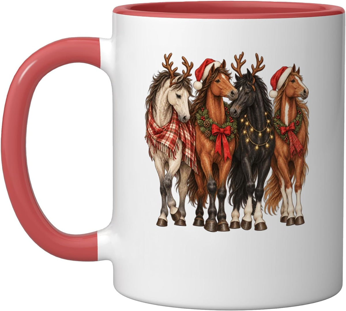 Christmas Horses In Santa Hats And Antlers Ceramic Mug