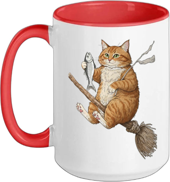 Ginger Cat Flying On Broomstick With Fish Ceramic Mug