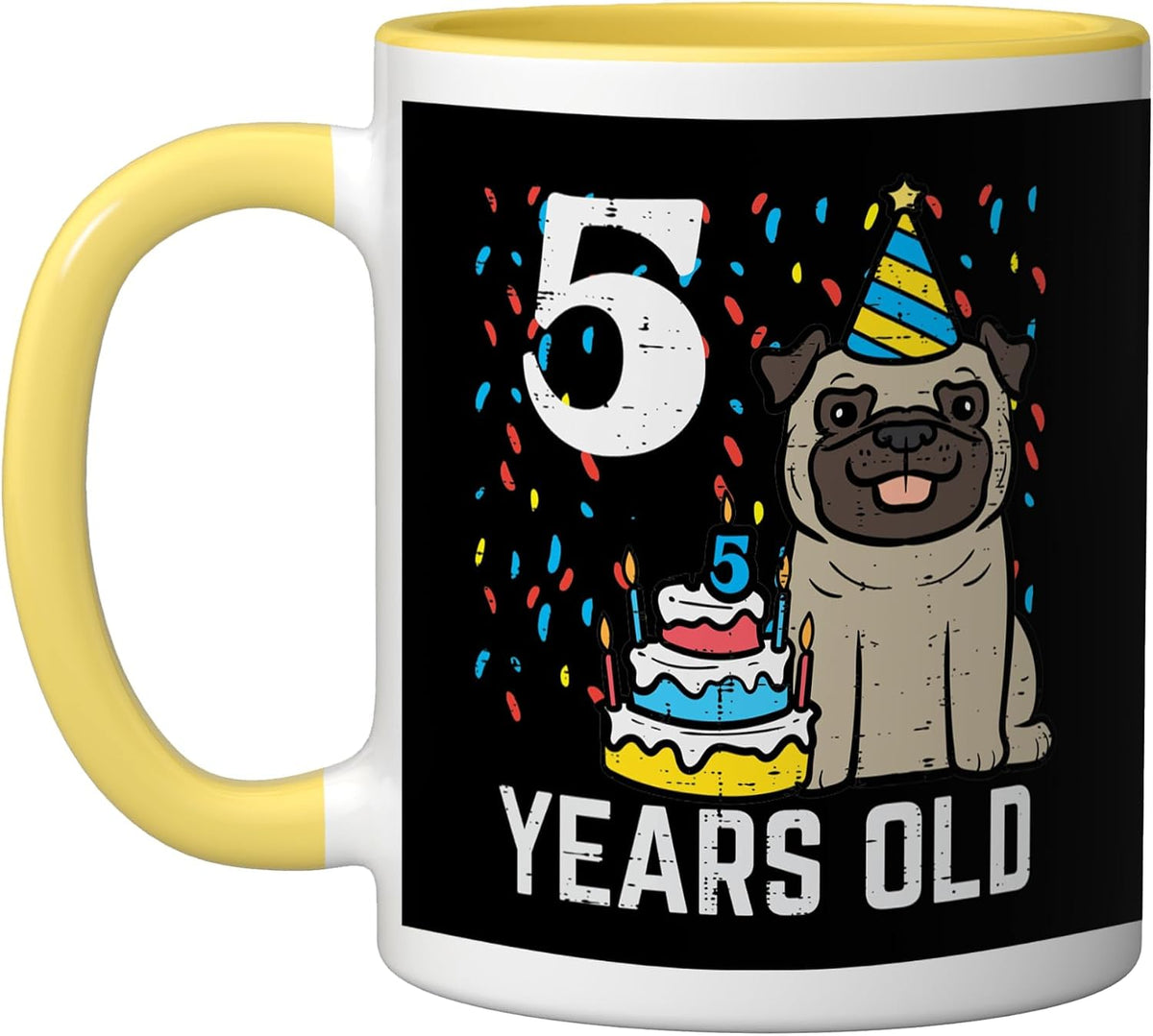 5th Birthday Dog Pug Cake 5 Year Old Bday Party Boys Girls Ceramic Mug