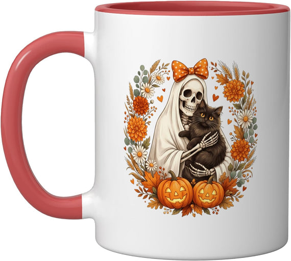 Skeleton Holding Cat Halloween Costume Spooky Season Ceramic Mug