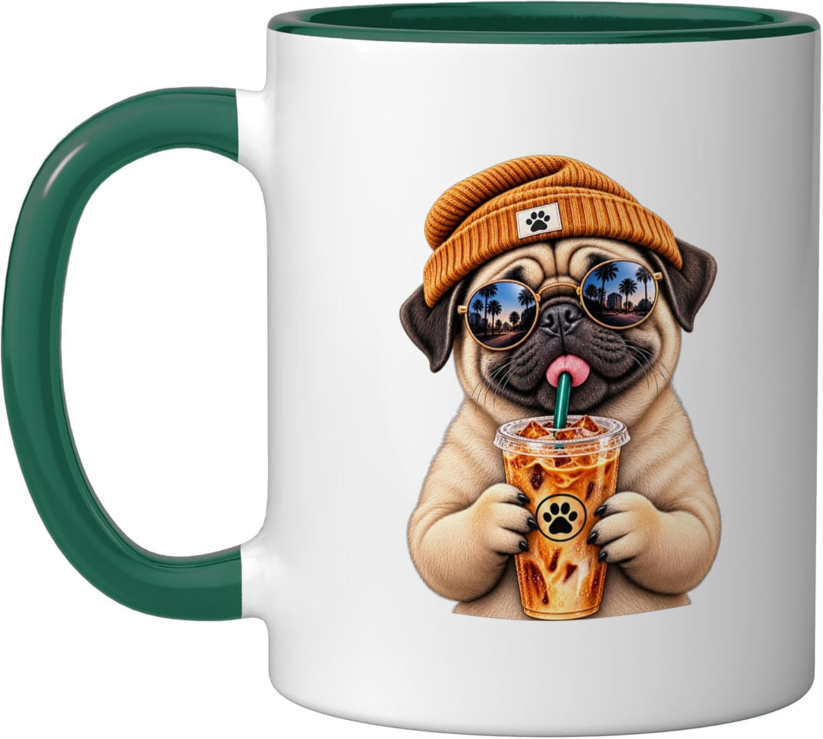 Cute Beanie Pug Drinking Iced Coffee Funny Dog Humor Ceramic Mug