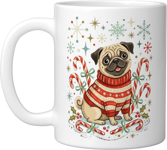 Pug Peppermint Candy Canes Christmas Sweater Retro Holiday Ceramic Mug
