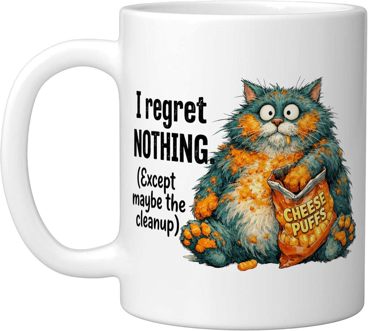 I Regret Nothing Messy Cat Cheese Puffs Humor Feline Ceramic Mug