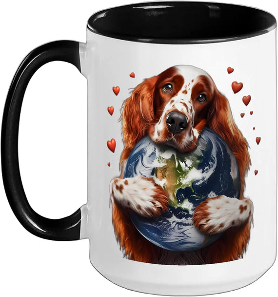 Irish Red And White Setter Dog Earth Day Hug Owner Globe Ceramic Mug