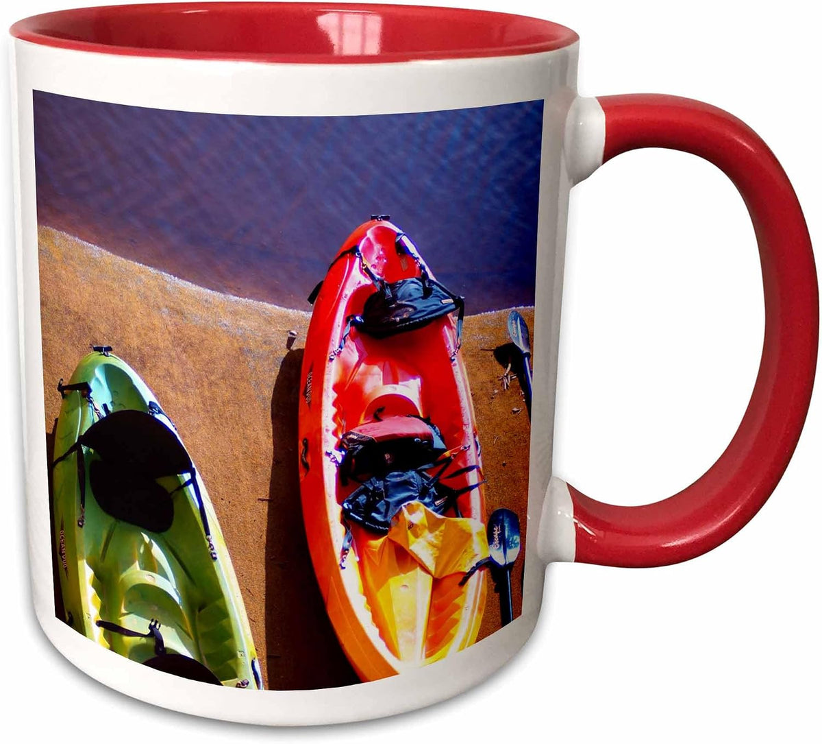 Red Yellow Green Kayak Over Blue Water Ceramic Mug