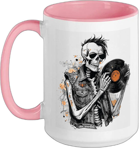 Punk Skeleton Holding Broken Vinyl Record Ceramic Mug