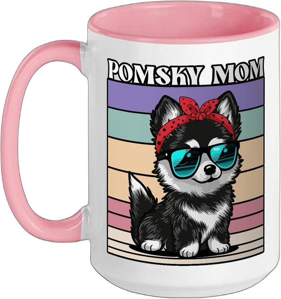 Pomsky Mom Retro Stripes Dog With Sunglasses Ceramic Mug