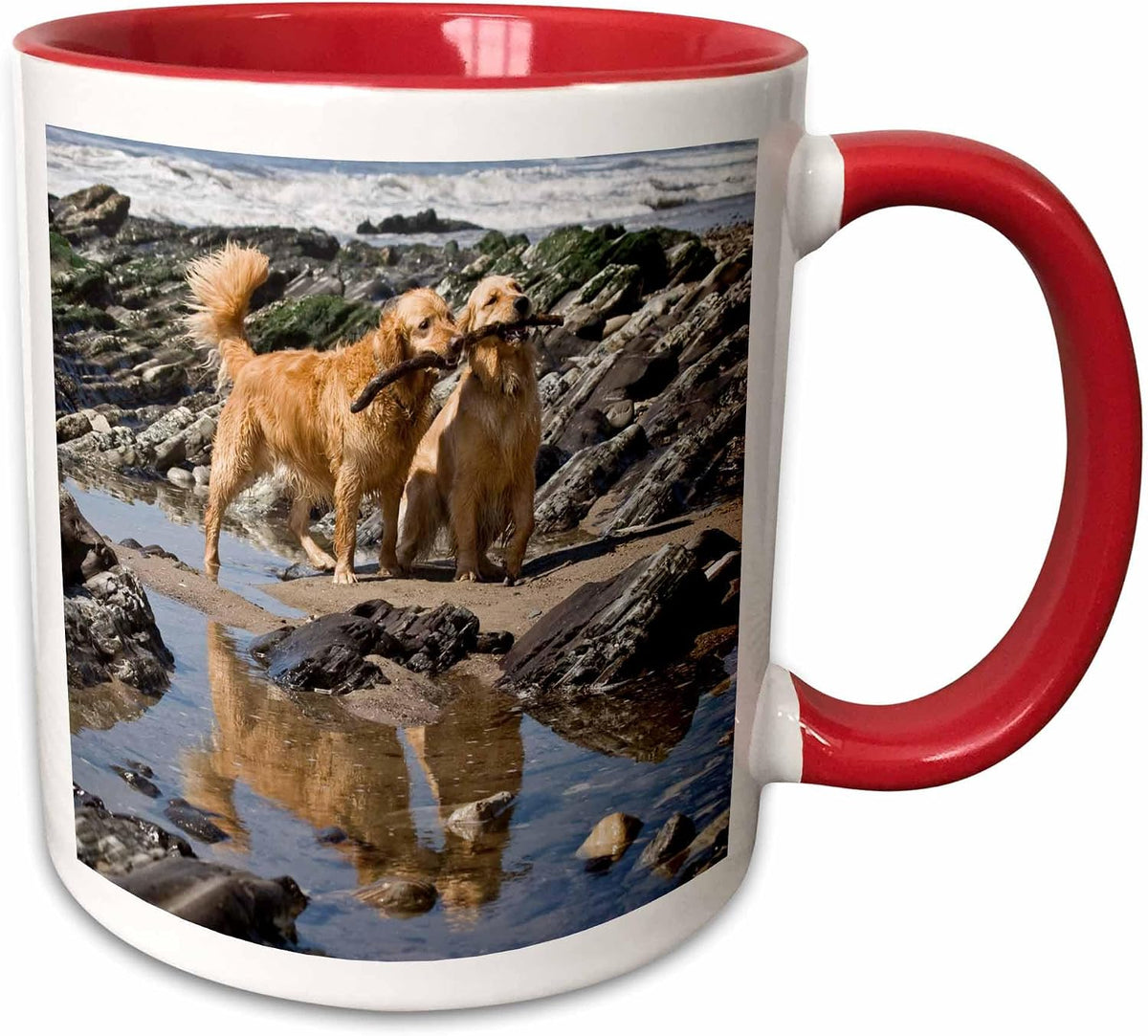 Two Golden Retriever Dogs At A Beach Ceramic Mug