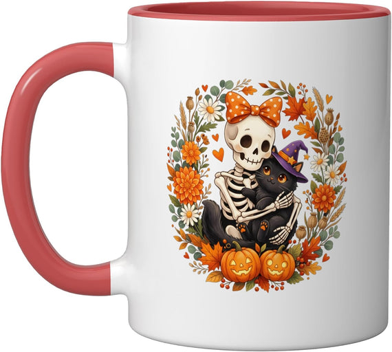Skeleton Holding Cat Halloween Costume Spooky Season Ceramic Mug