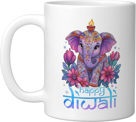 Happy Diwali Festival Of Lights Diya Elephant, White Ceramic Mug