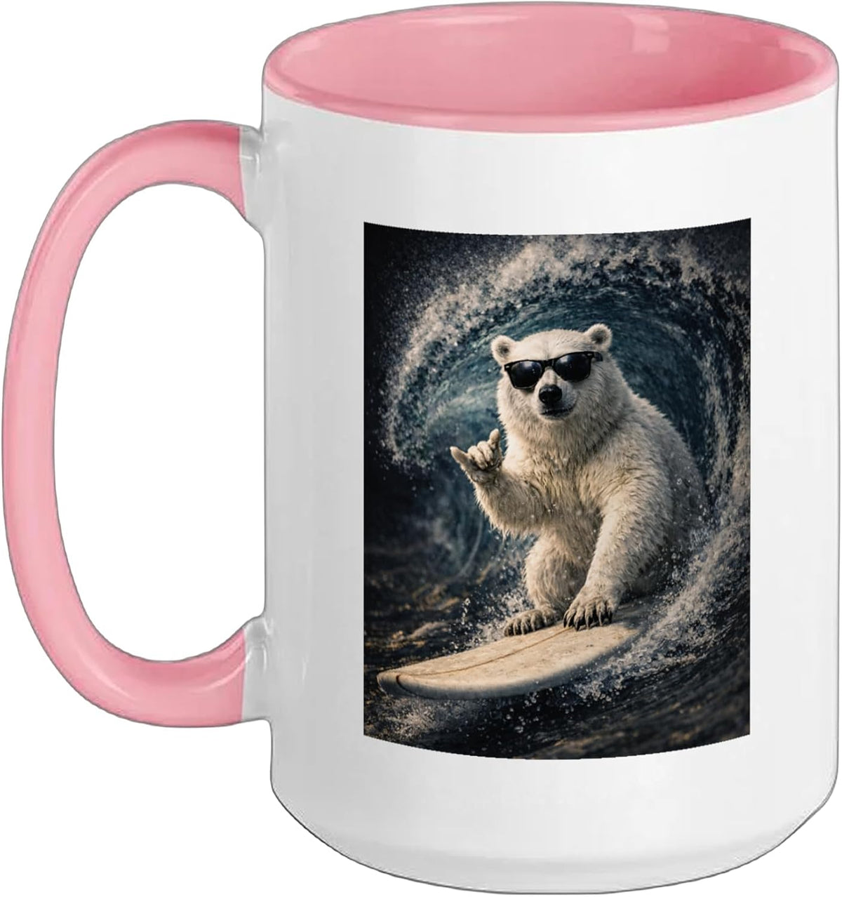 Funny Polar Bear Surfer Catching Waves, Shaka Funny Animal Ceramic Mug