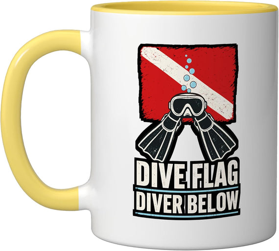 Scuba Diving Flag Diver Below Fins Mask Bubbles Ceramic Mug