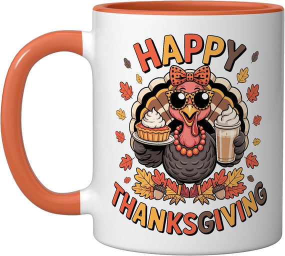 Turkey Drinking Ice Coffee Bow Thanksgiving Turkey Day Women Mug