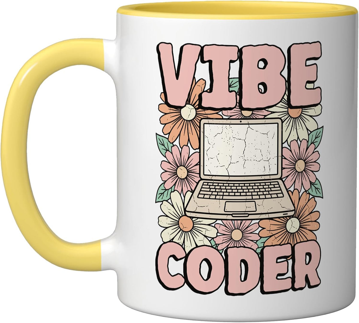 Vibe Coder Retro Programmer Laptop Floral Distressed Ceramic Mug