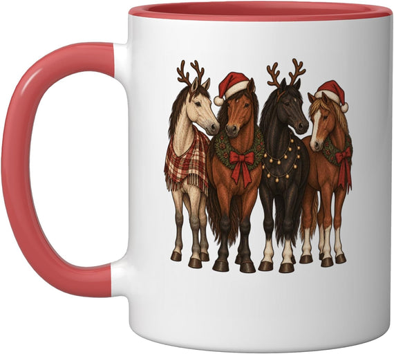 Christmas Horses In Santa Hats And Antlers Ceramic Mug