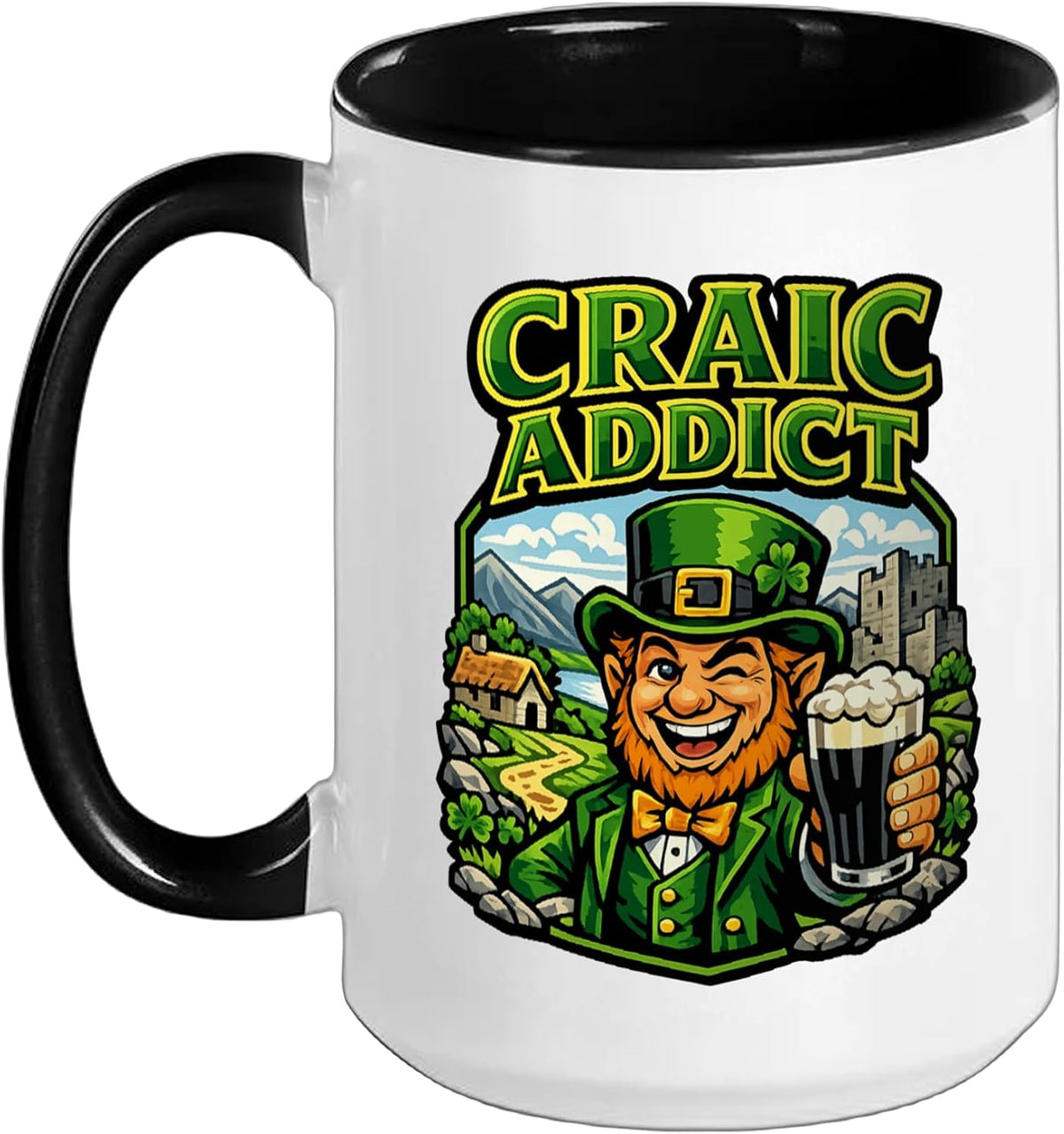 Craic Addict Beer Drinking Leprechaun With Glass Stout Ceramic Mug