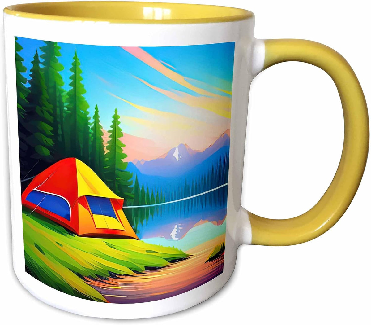 Colorful Tent, Green Trees, Mountain Lake Ceramic Mug
