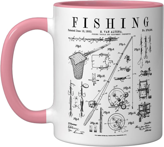 Fishing Rod Tackle Reel Lure Fisherman Vintage Patent Ceramic Mug