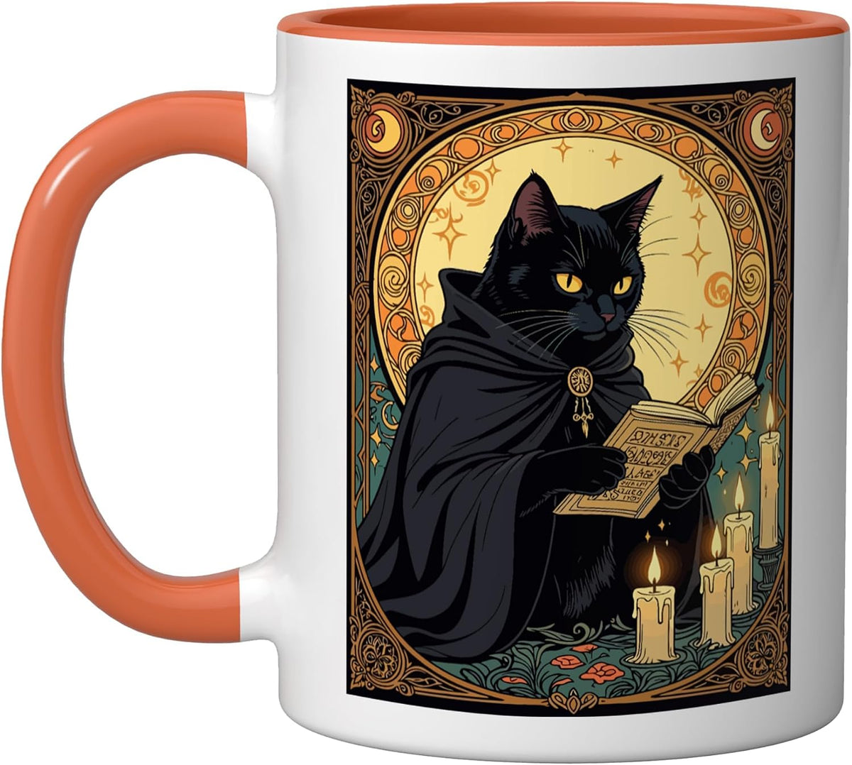 Halloween Colored Feline Reading a Book Ceramic Mug