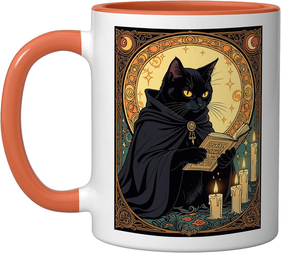 Halloween Colored Feline Reading a Book Ceramic Mug