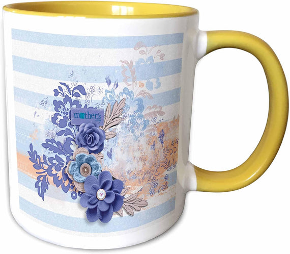 Mother, Pretty Fabric Flowers, Blue & Pink Ceramic Mug